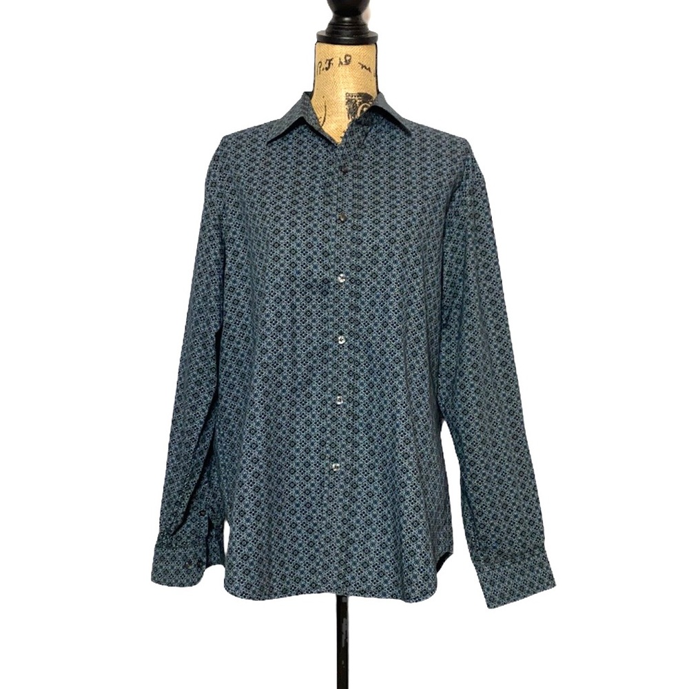 Tasso Elba Blue Floral Button-Up Long Sleeve Blouse M